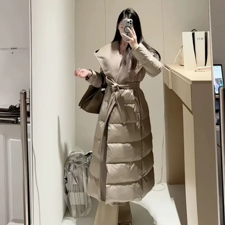 《冬季新款》气质连帽高端系带收腰长款羽绒服