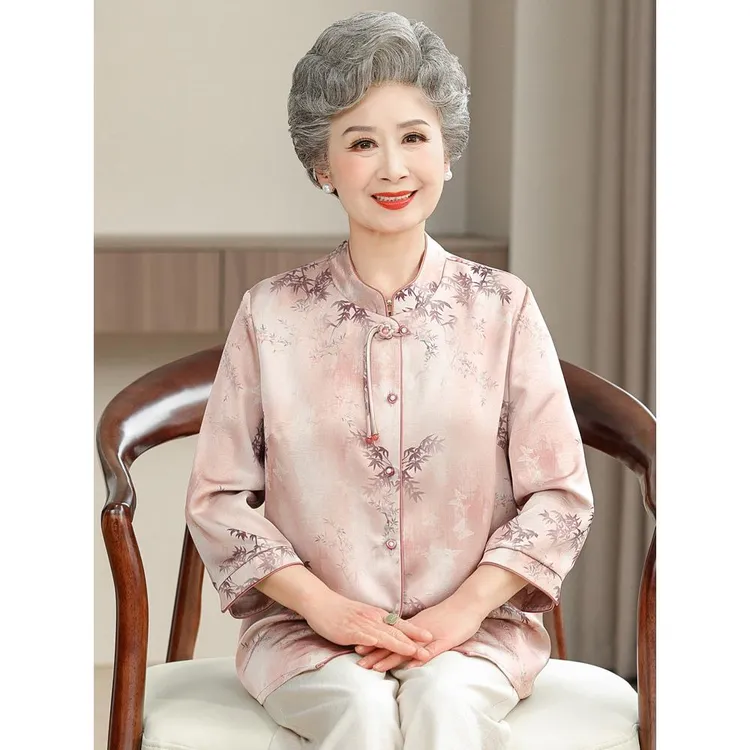 妈妈春夏装七分袖衬衫2025新款中老年人奶奶太太中式国风宽松衬衣