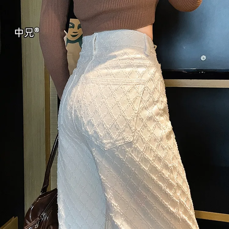 翡宇白色牛仔裤女夏季编织感窄版阔腿裤高腰显瘦宽松拖地休闲裤子