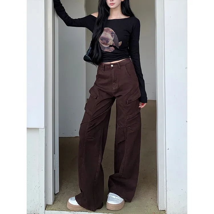 窄版水洗褶皱口袋直筒牛仔裤女2025年秋季新款高腰显瘦休闲工装裤