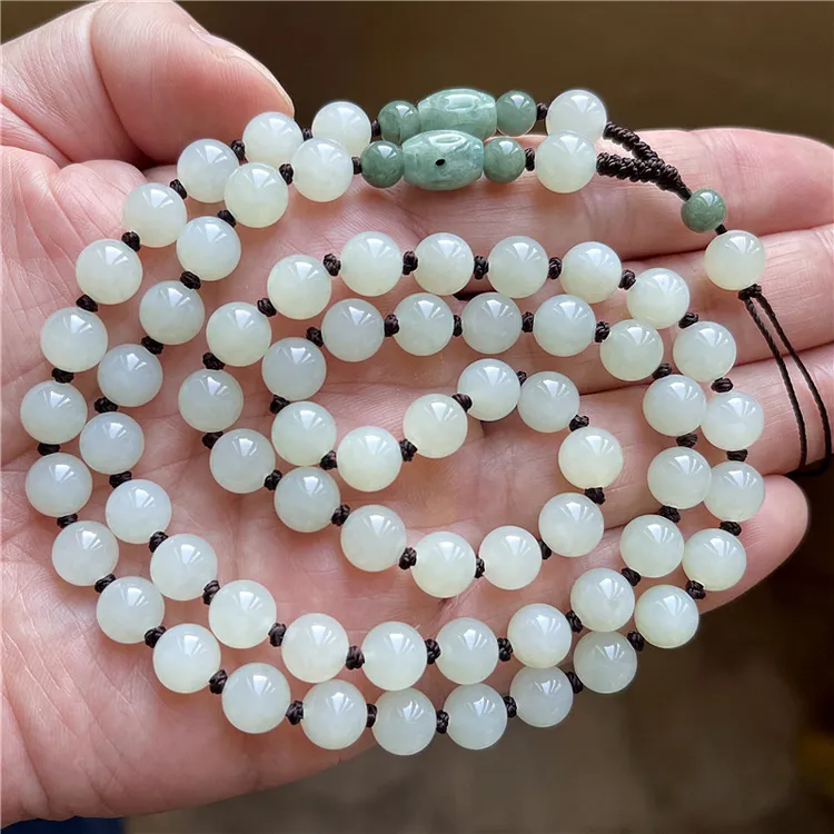 天然暖白色和田玉圆珠手工编织时尚百搭项链吊坠挂链男款珠链挂脖