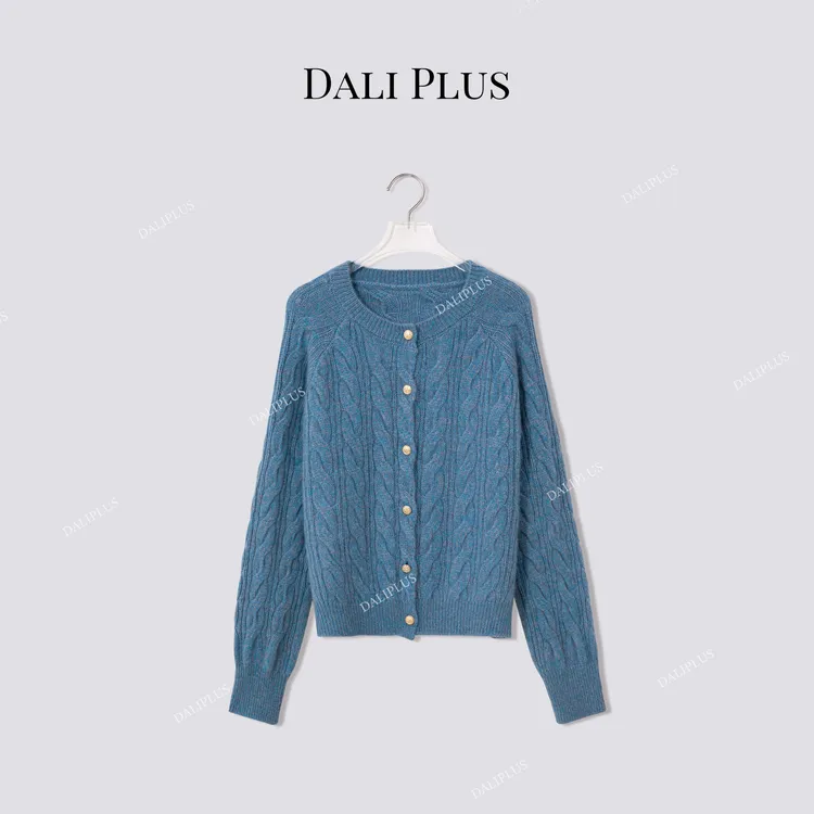 DALI PLUS“宝石蓝绵羊毛花纱毛衣”搅花圆领针织开衫-D5CH5262