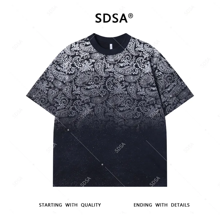 夏季高级感新款男士美式撞色满天星抽象羽毛印花设计短袖T恤百搭