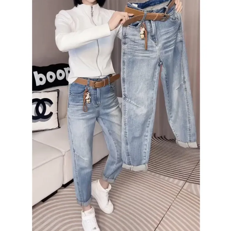 小个子浅蓝色高腰哈伦牛仔裤女2025年春季新款大码弹力显瘦老爹裤