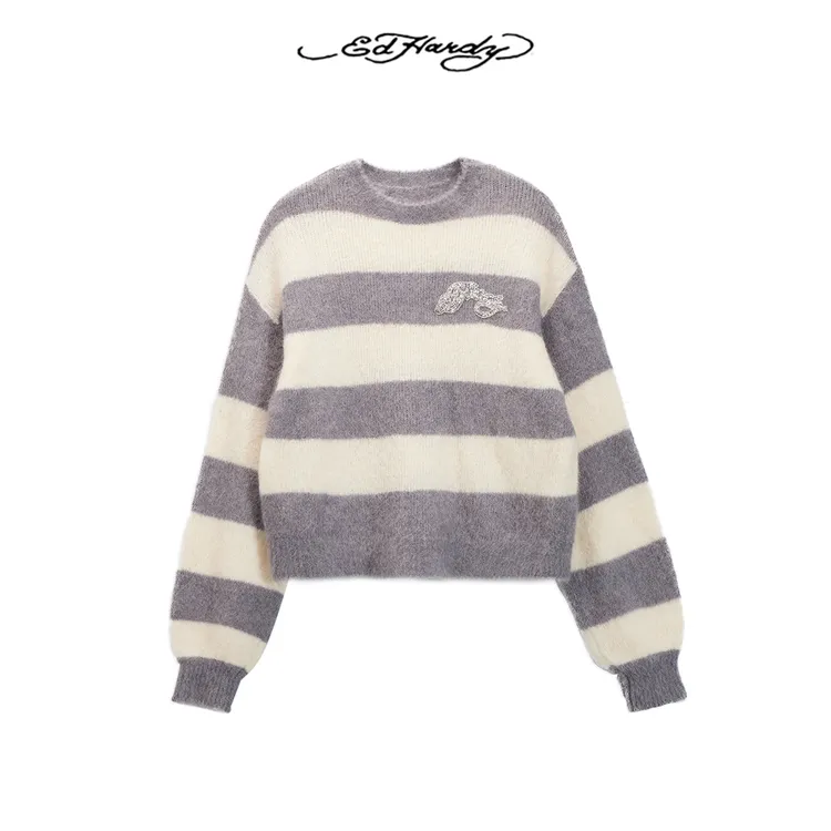 Ed Hardy/埃德哈迪冬季新款米珠珠片绣标款松落肩针织衫E1QDW438