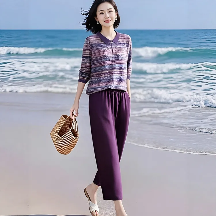 2025春秋新款设计感时尚提花翻领针织衫上衣女松紧腰休闲裤两件套
