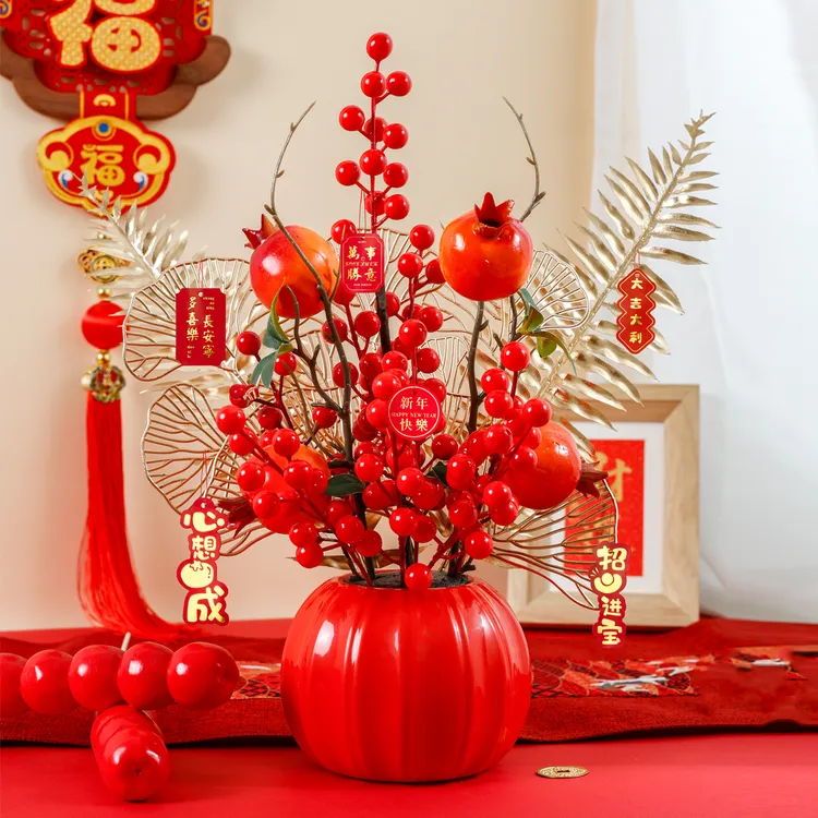 福桶南瓜桶柿柿如意发财果年宵花卉室内玄关软装饰仿真摆件永生花