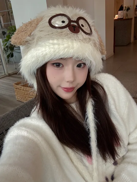 甜美可爱眼镜小狗毛茸茸雷锋帽套头帽子女秋冬保暖护耳显脸小