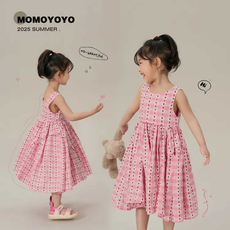辰辰妈【粉红爱心】夏季女童2025新款百搭韩版格子背心连衣裙7901X