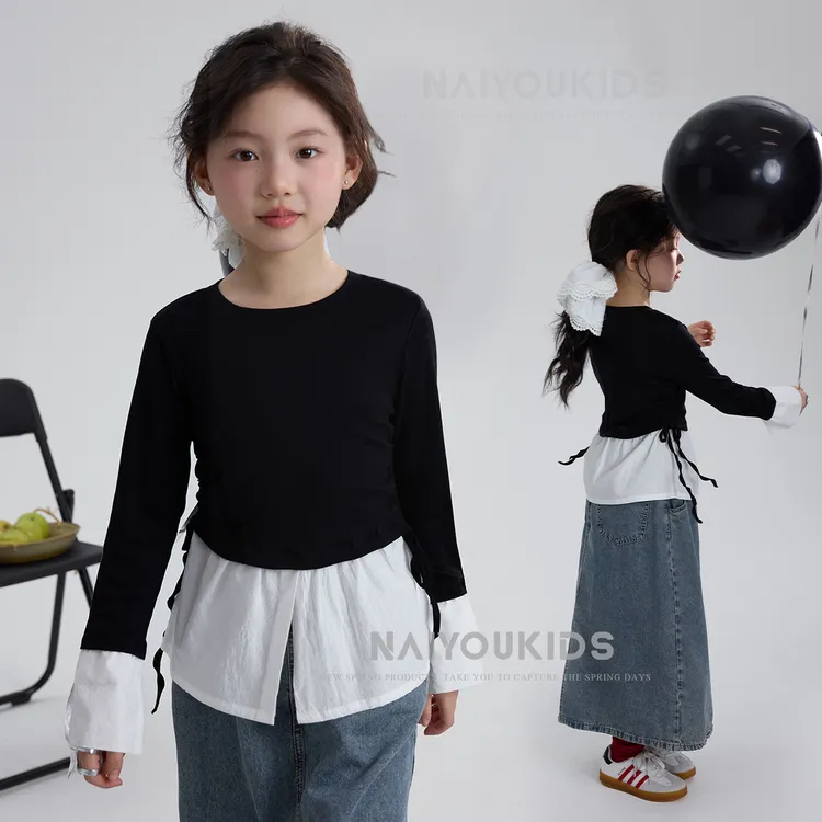 【黑与白】女童T恤2025春夏新款百搭休闲假两件长袖上衣Y6400