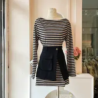 青青大码衣橱C6058韩系慵懒条纹长袖T恤上衣连衣裙黑白大码套装