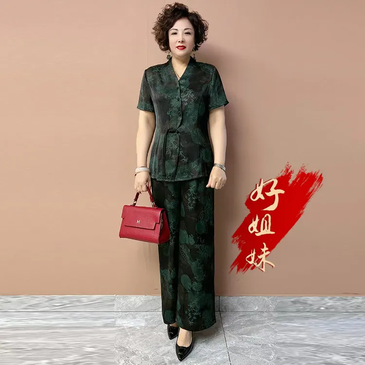 H夏季新款高档丝质中老年短袖套装洋气V领中国风阔腿裤两件套