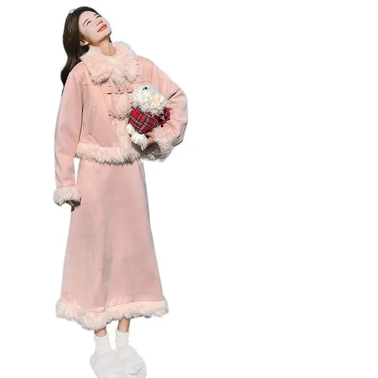 秋冬粉色温柔风小香风毛毛拼接外套半身裙套装女显瘦气质时尚网红