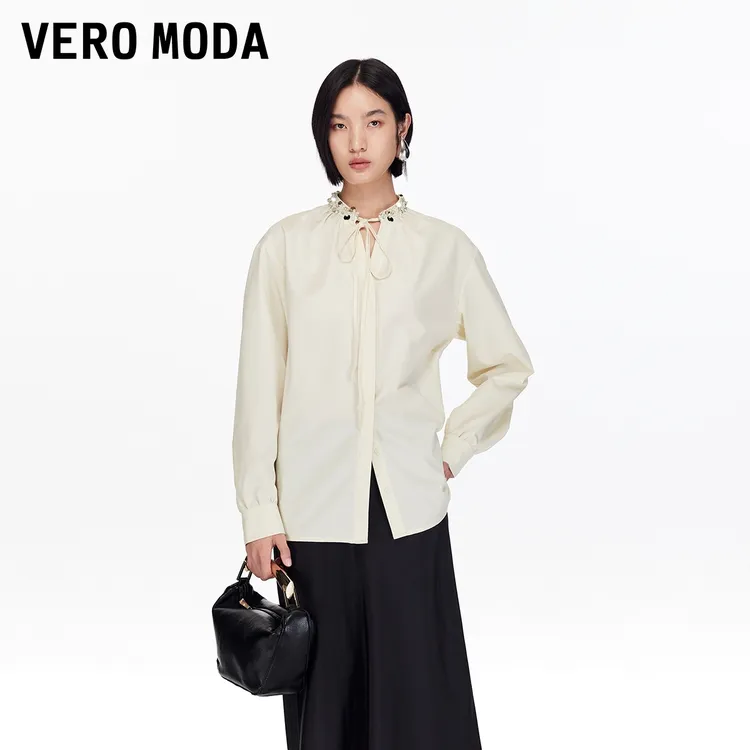 Vero Moda衬衫2025秋季新款飘带设计领口钉珠装饰白衬衫流光风