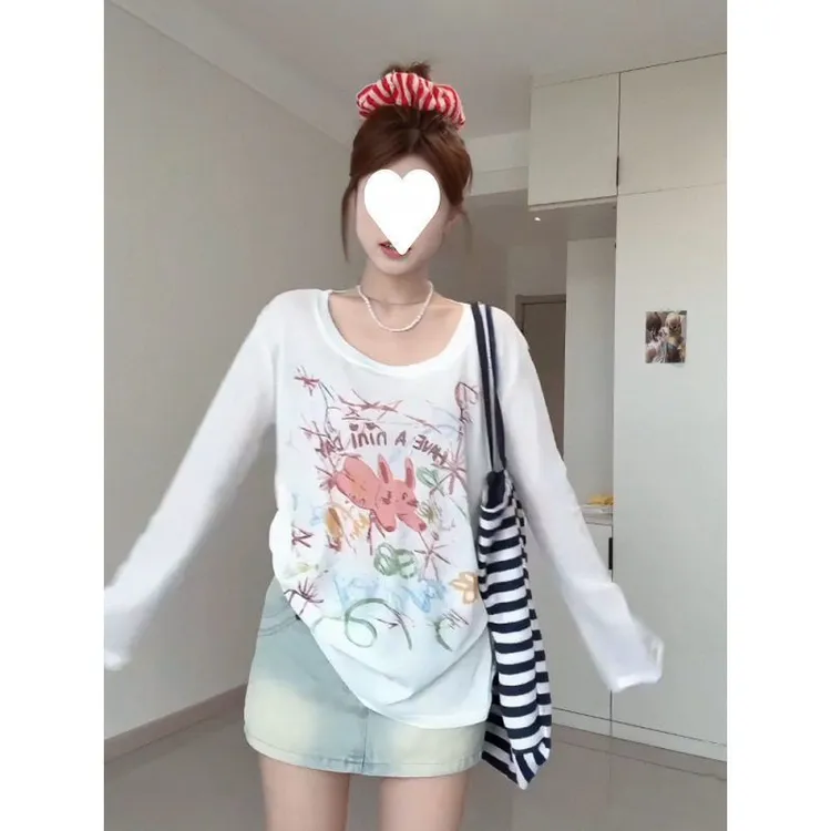 原版面料韩系慵懒风宽松印花长袖防晒罩衫上衣遮肉显瘦夏季T恤女