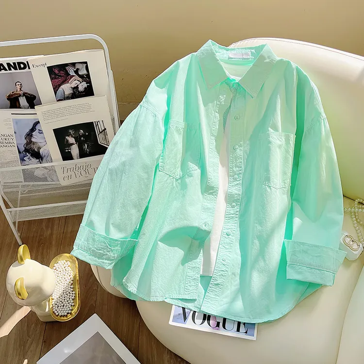 薄荷绿翻领衬衣女款爆款2026新款正品开叉设计感小众宽松轻奢衬衣