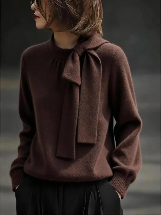 美式复古轻奢高级感简约长袖圆领纯色领结深咖色上衣女2025冬毛衣