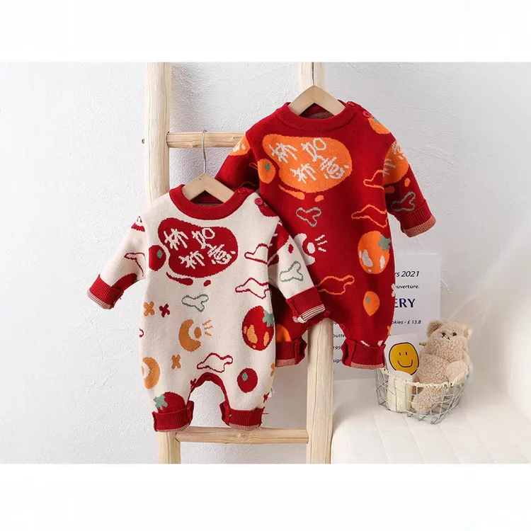 新年款加绒毛衣秋冬婴儿喜庆连体衣春节保暖打底衫红色中国风爬服