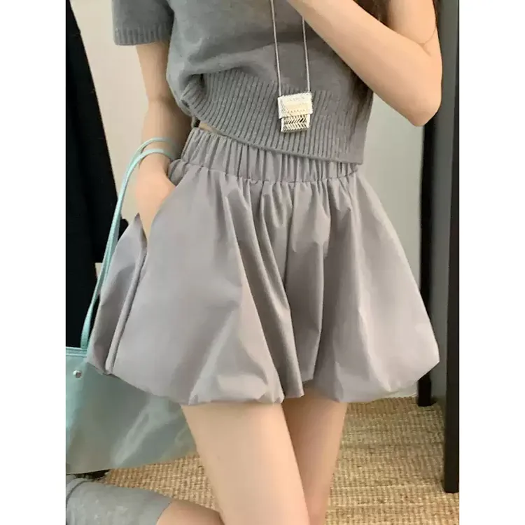 灰色小个子显瘦花苞裙裤女夏季薄款宽松a字短裤裙休闲蓬蓬灯笼裤