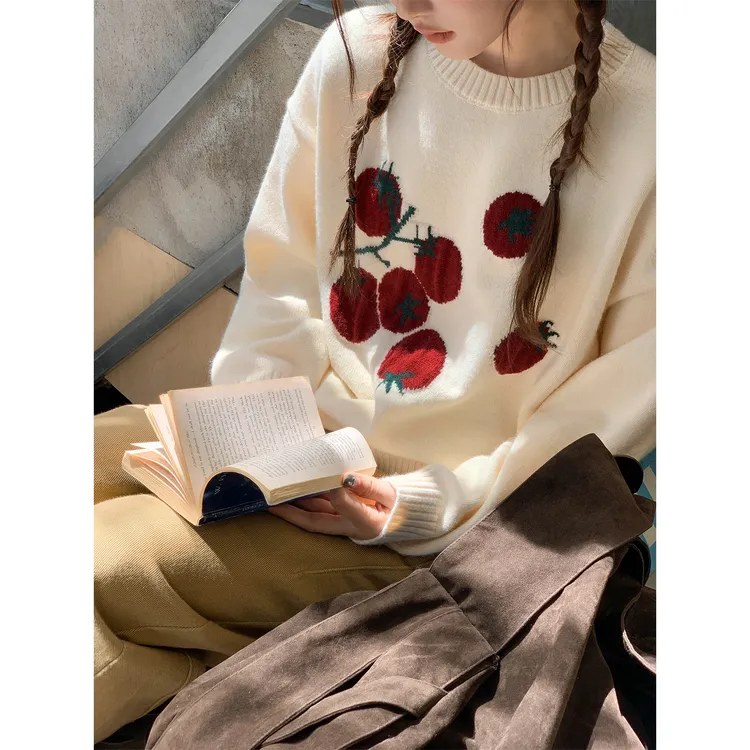 你好卡农 时尚百搭秋冬番茄提花圆领针织毛衣KZ25Z8024D
