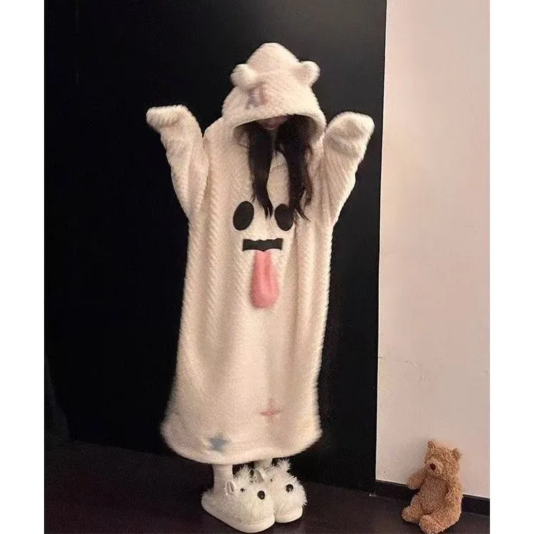 可爱少女搞怪鬼脸小幽灵连帽珊瑚绒睡衣女款冬季新款加厚毛绒睡裙