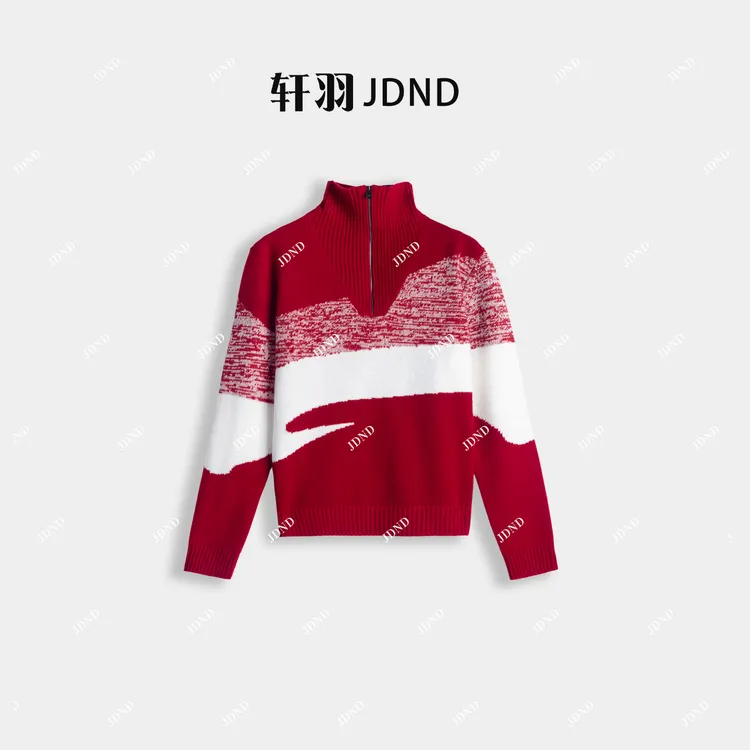 JDND轩羽【半高领】拼色半高领拉链针织小衫XY25645