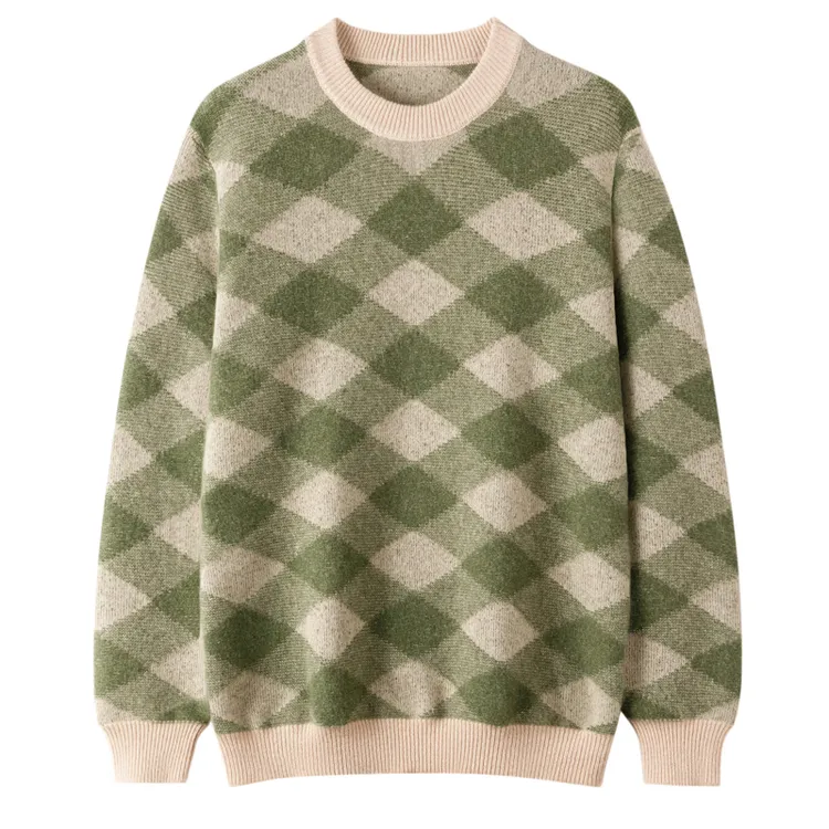 【不议价】100纯山羊绒男士虚提菱形格拼色加厚圆领套头衫针织秋冬