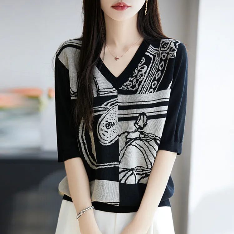 胖mm夏装大码冰丝针织衫女士短袖t恤宽松巨遮肚子显瘦v领印花上衣