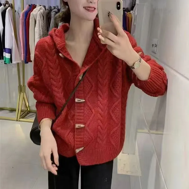 515#-1(衣长60)针织女连帽休闲风宽松型毛针织衫休闲秋冬衫帽衫