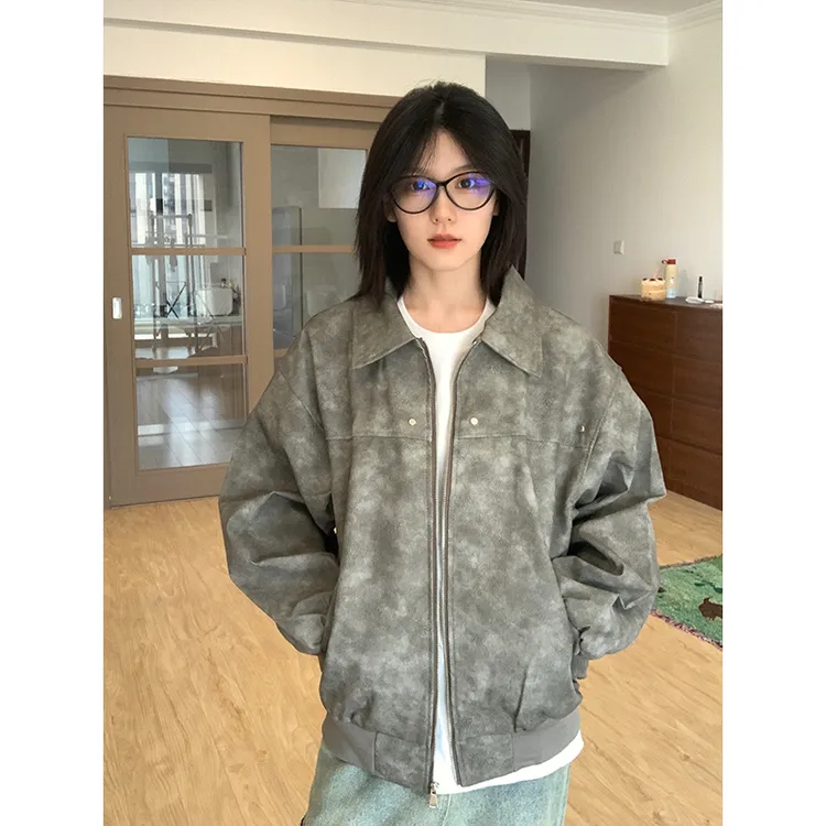 春秋季短款防水夹克欧美风耐脏上衣翻领复古扎染皮衣外套男女同款