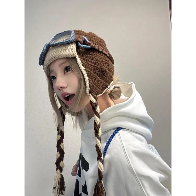 檀健次同款眼镜可拆卸毛线帽子女搞怪护耳雷锋帽显脸小针织飞行帽