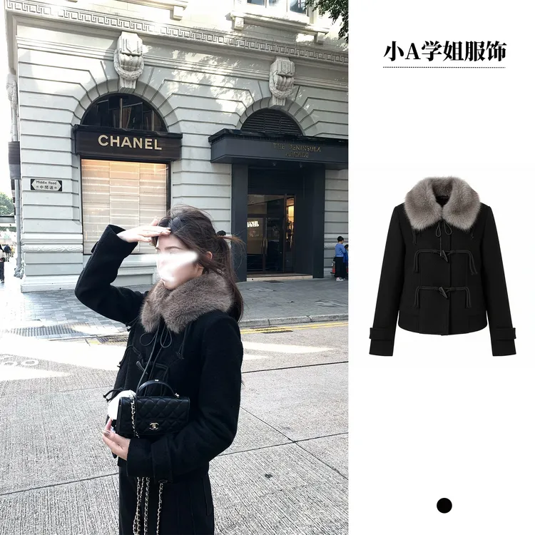 【芬兰雪夜】独家系列咩咩毛混纺毛领毛呢外套冬季韩版牛角扣时尚