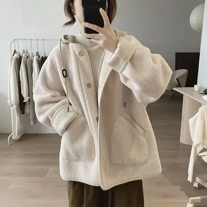 简约仿羊羔毛可拆卸连帽外套女冬季宽松显瘦韩版减龄毛绒加厚上衣