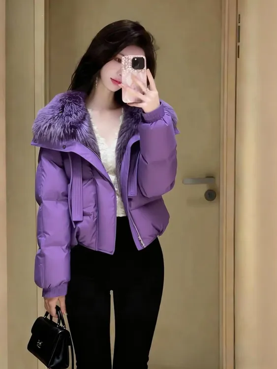 【现货】高级感超好看紫色大毛领棉服女2025年新款冬季爆款加厚外套