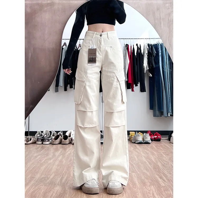 7003高腰直筒休闲工装裤女显瘦褶皱多口袋加长拖地裤高夏175个子