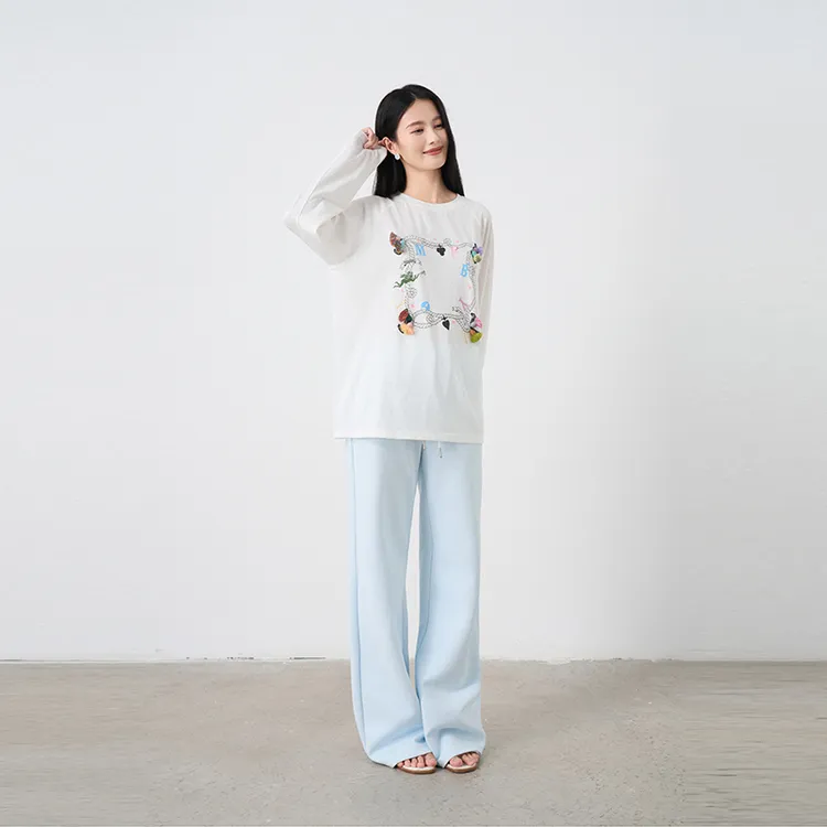 Moprobably李予诺「花花世界」小众立体流苏印花长袖T恤L5247109