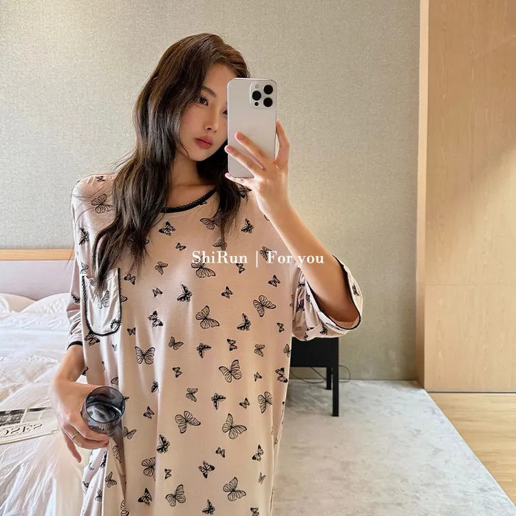 拾润夏季莫代尔薄款柔软睡裙女气质七分袖家居服睡衣女