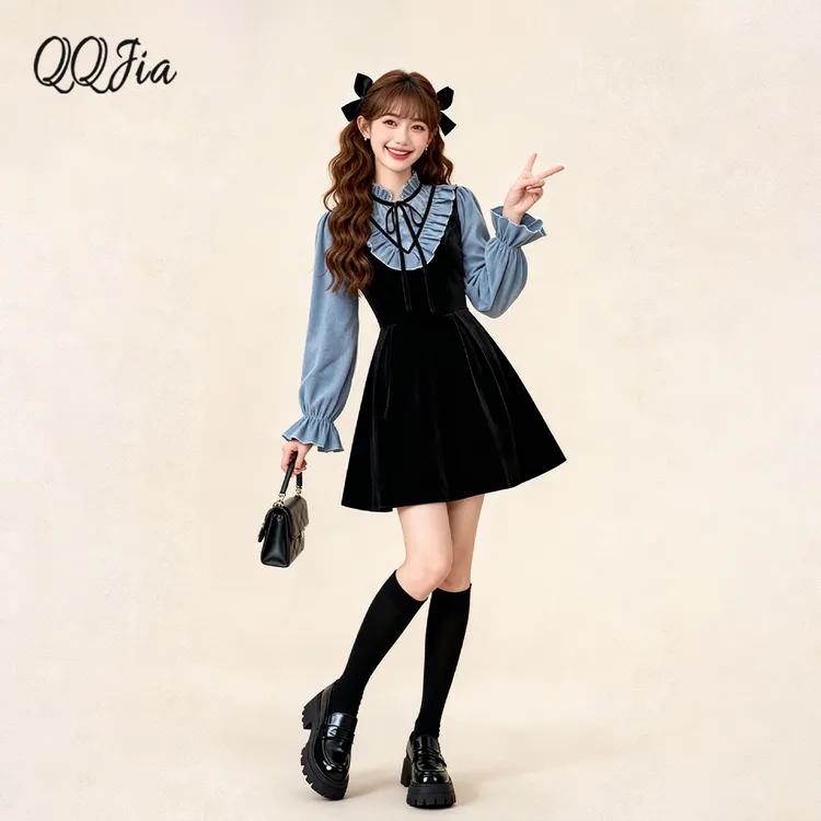 1160法式木耳边立领丝绒连衣裙女秋冬内搭打底拼接千金A字裙子