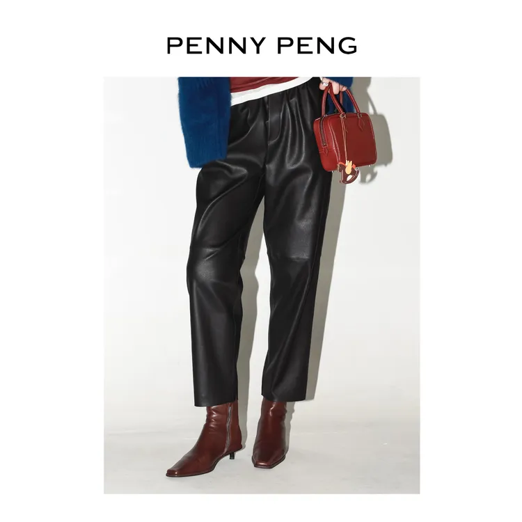 PENNYPENG 戛纳秀场2.0秋冬黑标系列静奢老钱风时髦松紧腰羊皮裤 