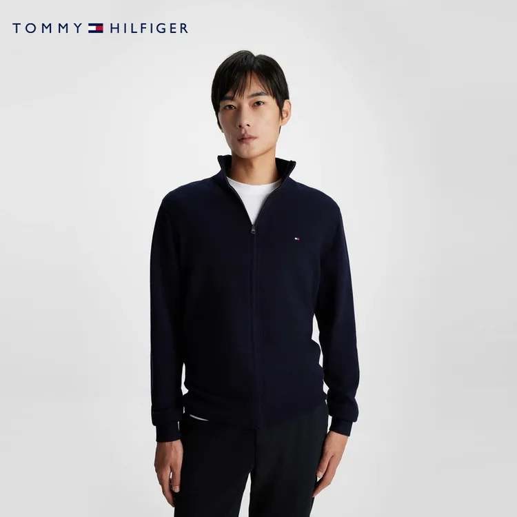 【含羊绒】Tommy秋冬男装通勤纯色合身立领针织毛衣开衫外套34115
