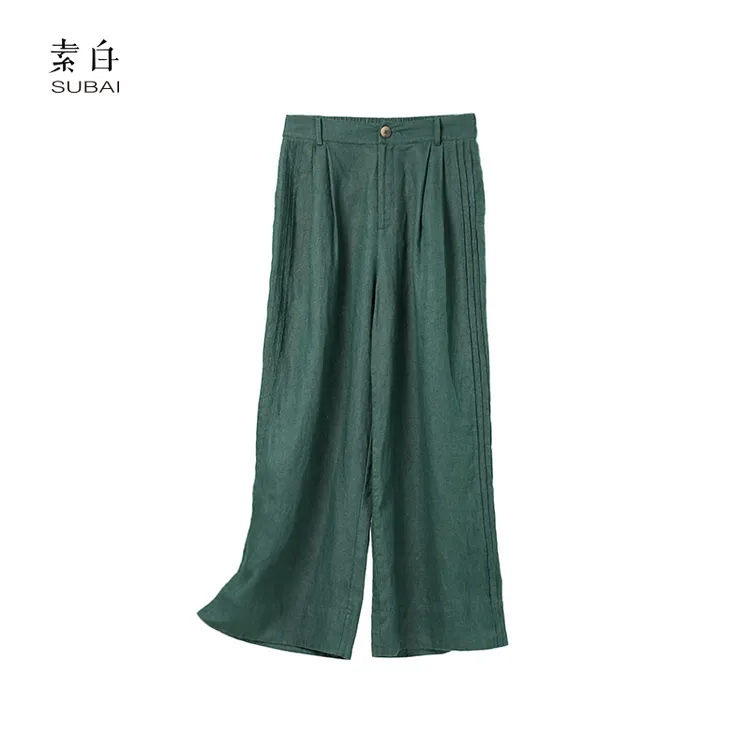 素白极简风【自由者】92723松紧腰100%亚麻高腰显瘦时尚直筒休闲裤