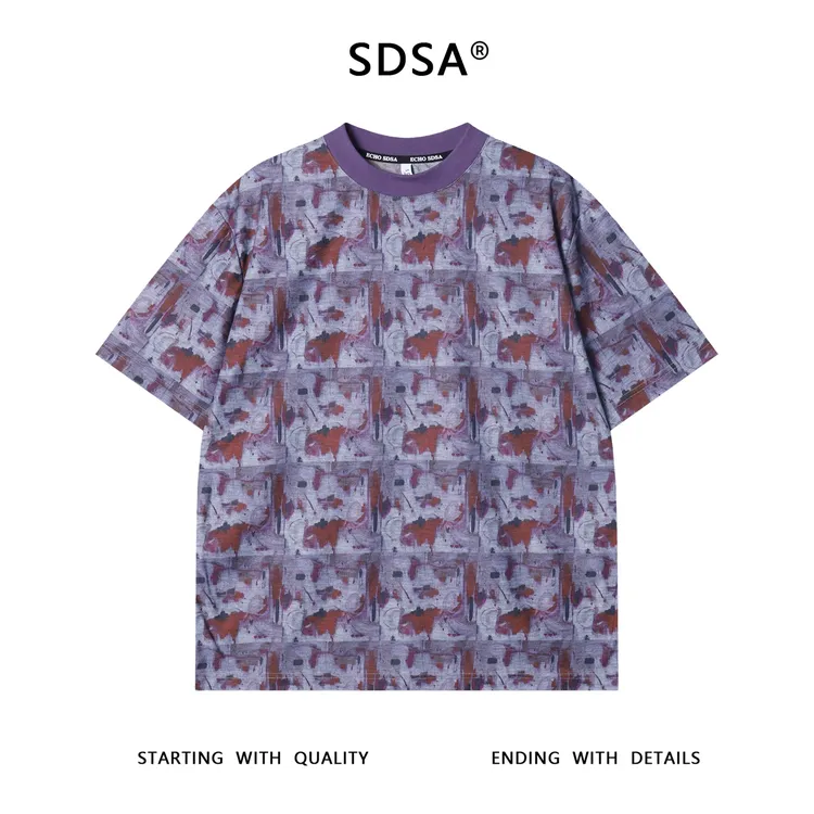 夏季高级感新款男士美式格纹撞色抽象圆领短袖T恤百搭宽松上衣