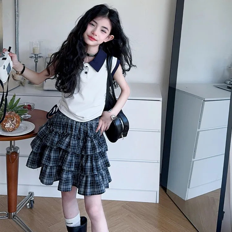 女童夏季套装2025新款洋气中大童格子裙两件套夏装女孩又酷又飒潮
