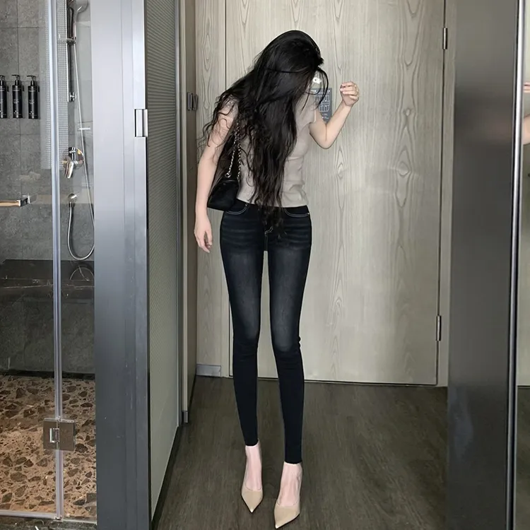 裤长96cm 做旧高腰牛仔裤女冬加绒弹力紧身显瘦提臀辣妹ins小脚裤