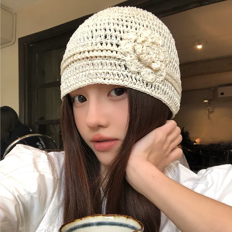 手工钩织镂空花朵套头帽女春夏季透气薄款优雅气质百搭白色包头帽