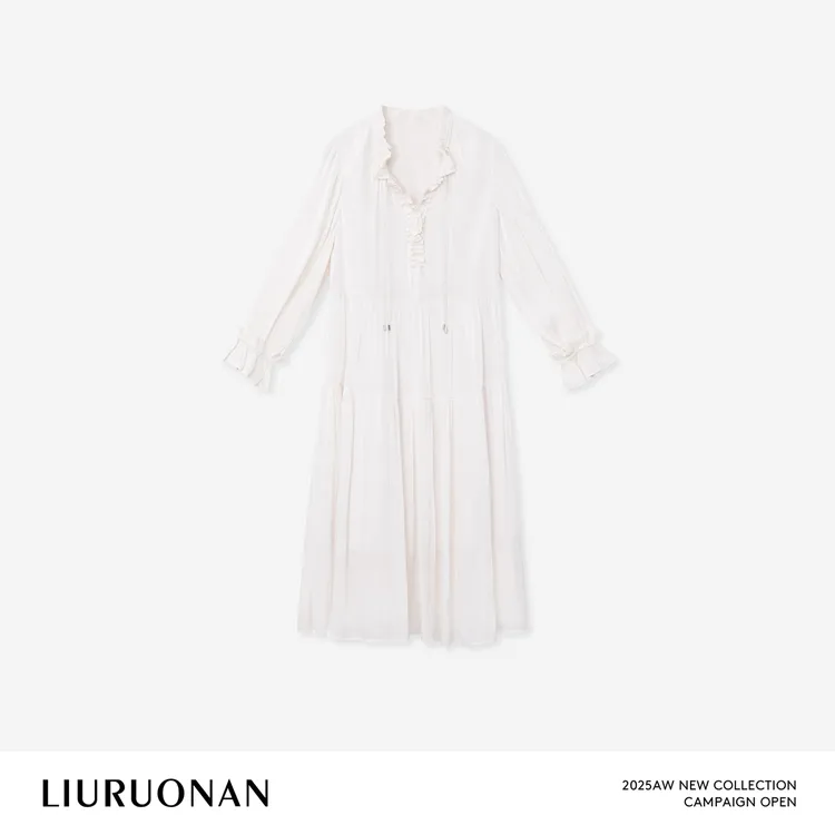 LIURUONAN 25FL【布兰奇】气质V领木耳边轻纱飘逸秋冬宽松连衣裙女