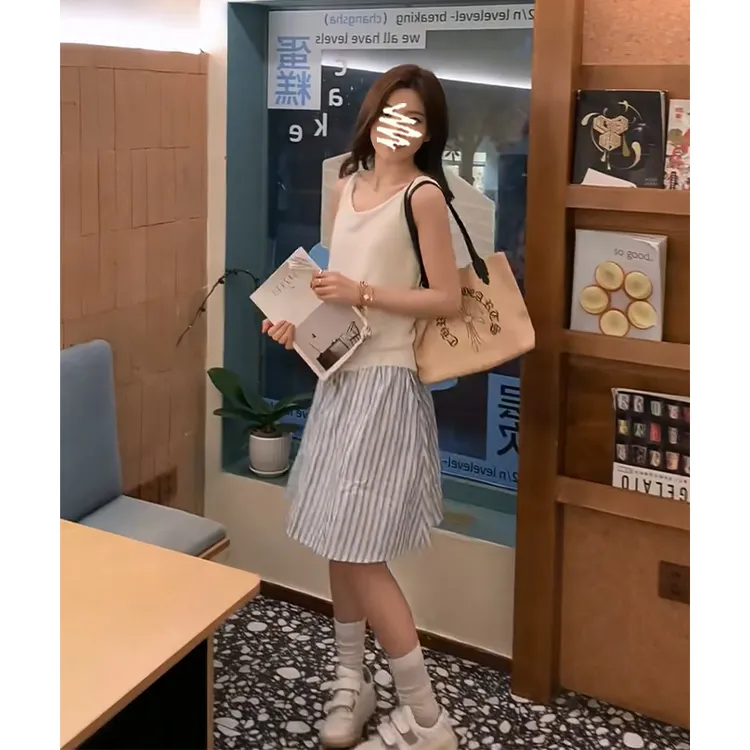 2025夏季新款女韩系穿搭修身无袖背心上衣休闲高腰显瘦条纹半身裙