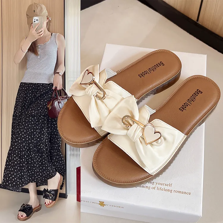 真皮凉拖鞋女夏季外穿时尚新款百搭蝴蝶结防滑底孕妇平底拖鞋女