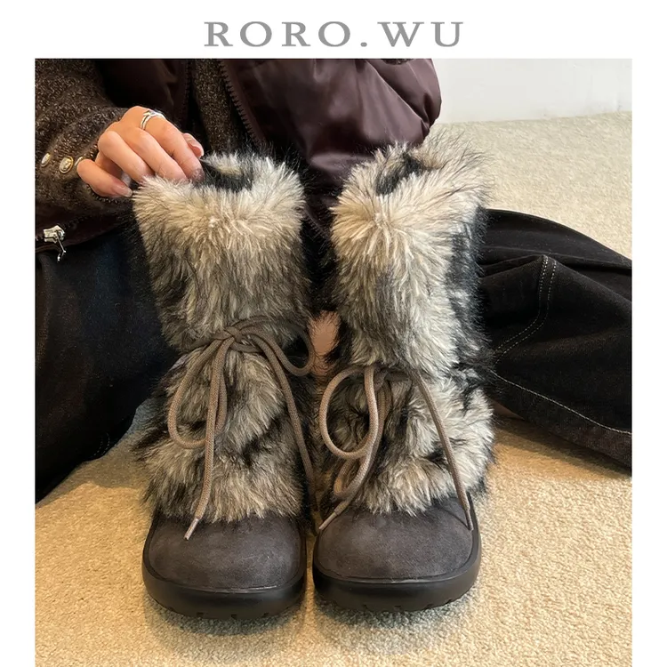 娆娆吴·磨砂牛皮加绒保暖显瘦毛毛靴冬季新款粗跟裤管雪地靴女F36