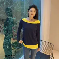 可斜肩两穿拼接撞色T恤假两件上衣秋季设计感套头打底衫大码女